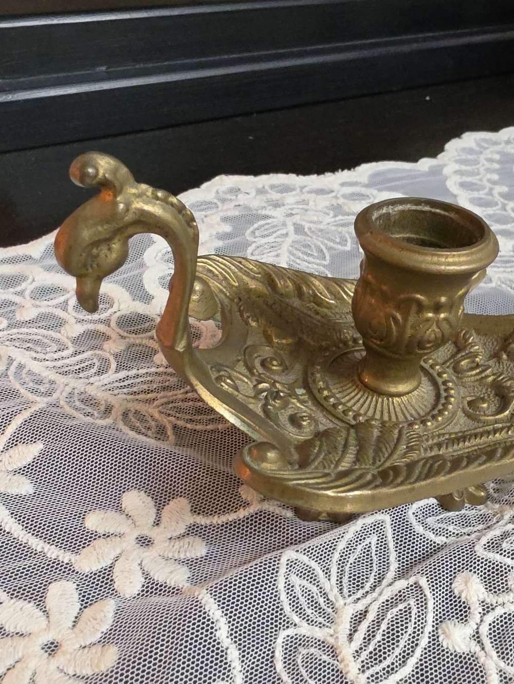 vintage brass peacock candlestick  features ornate foliage MCM